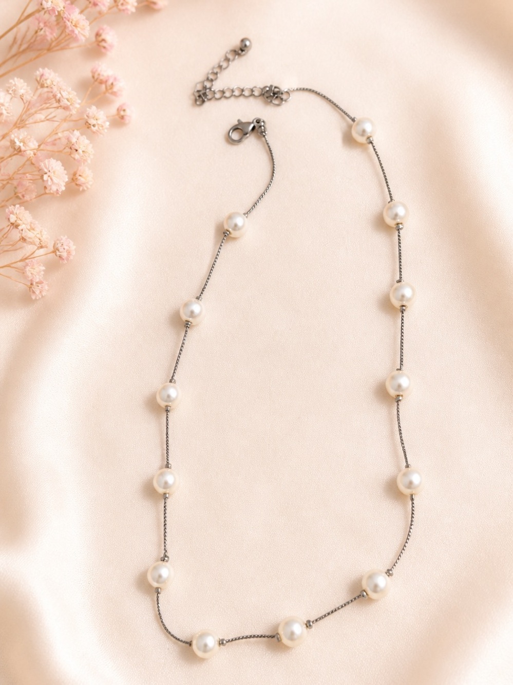 Pearl Station Silver Chain Necklace - Elegant White Pearls